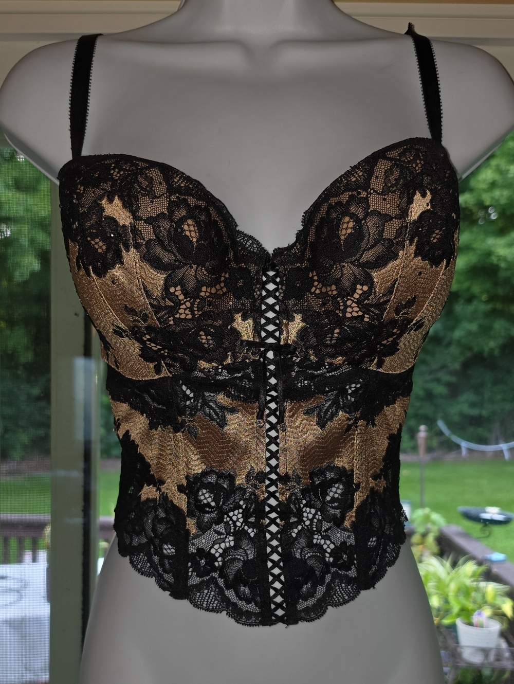 Victoria's Secret Black Lace Overlay Gold Longline Bustier Pushup Strapless